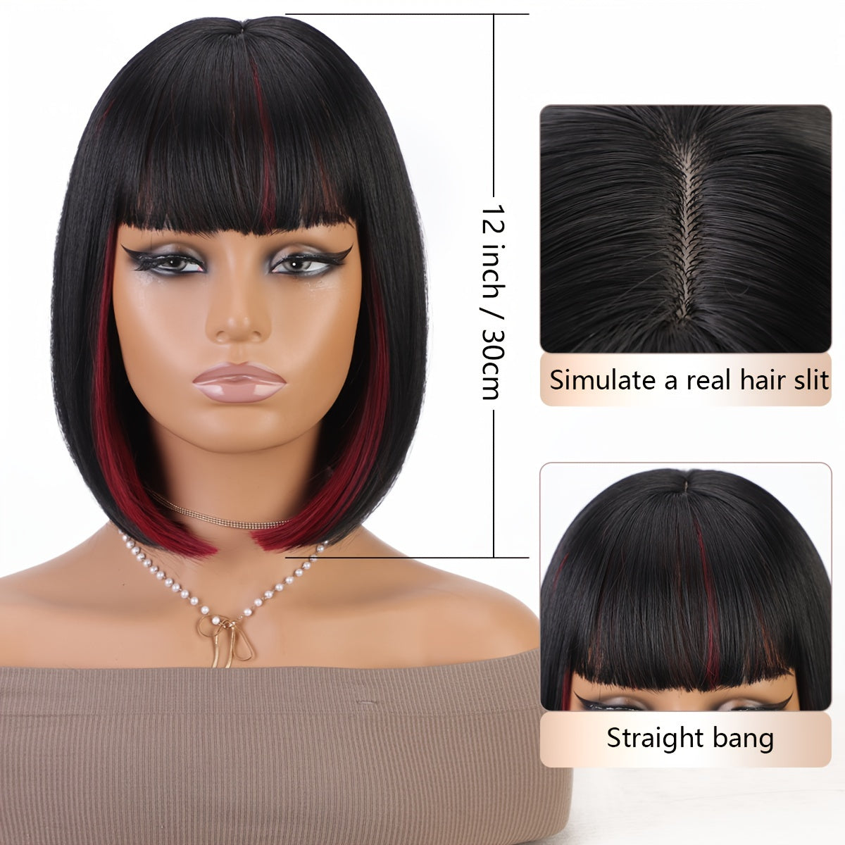 Bob Wig With Bangs - 12 Inch Black Mix Burgundy Wine-Red Blunt Cut Bob Wigs For Women, Highlight Short Straight Synthetic Daily Use Wigs (Copy)