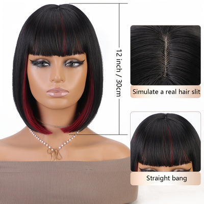 Bob Wig With Bangs - 12 Inch Black Mix Burgundy Wine-Red Blunt Cut Bob Wigs For Women, Highlight Short Straight Synthetic Daily Use Wigs (Copy)
