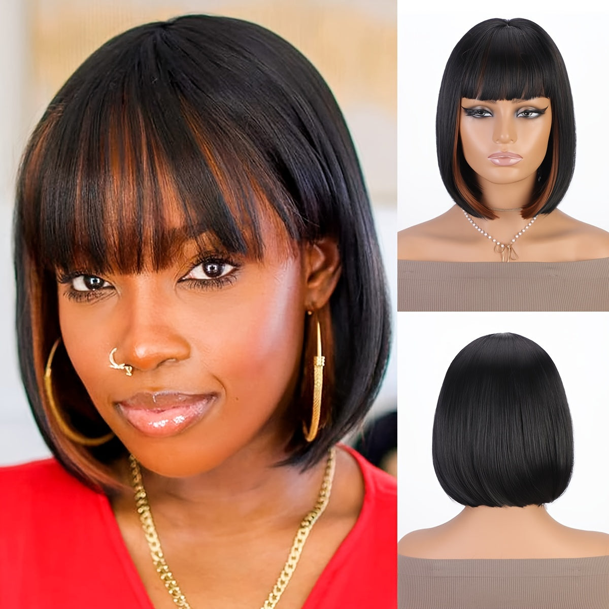 Bob Wig With Bangs - 12 Inch Black Mix Burgundy Wine-Red Blunt Cut Bob Wigs For Women, Highlight Short Straight Synthetic Daily Use Wigs (Copy)
