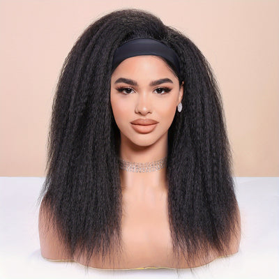 Kinky Straight Headband Wig For Women Yaki Straight Wigs With FREE Black Headband Kinky Afro Wigs For Women