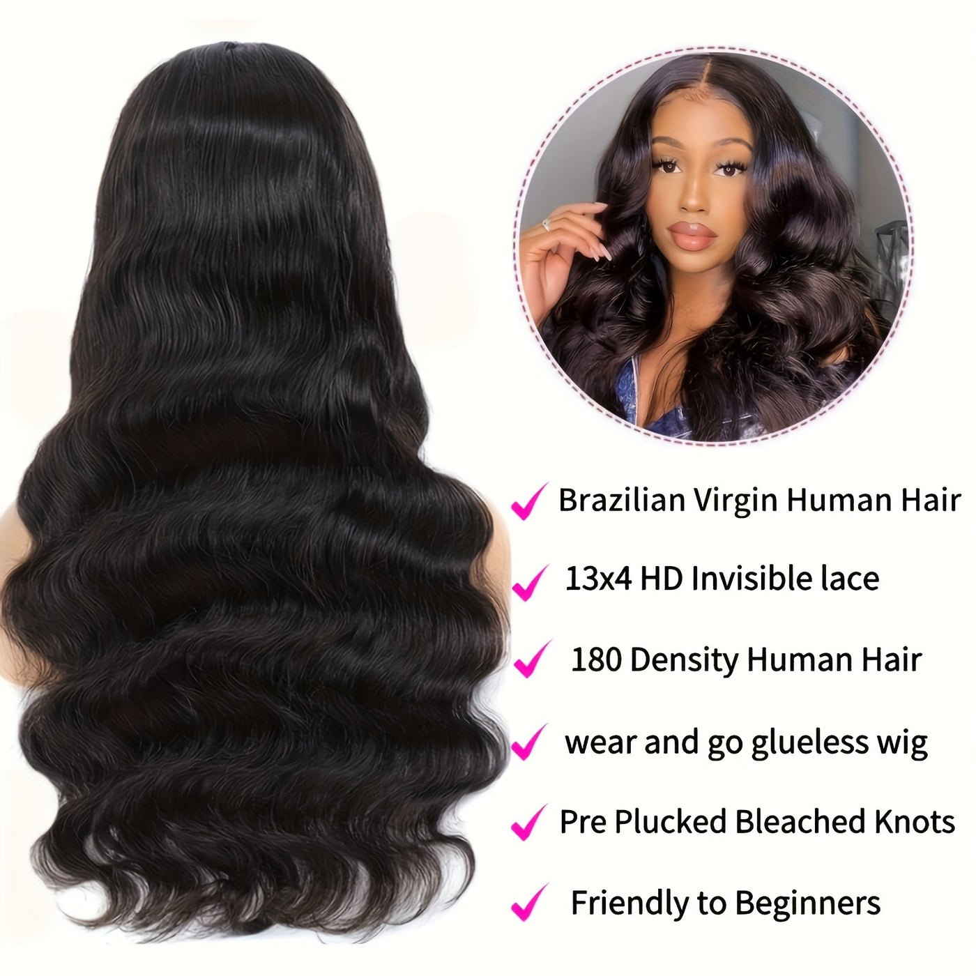 Glueless Body Wave 13x4 Lace Front Wigs - Pre Cut, Pre Plucked, 180% Density, Brazilian Human Hair for Beginners, Upgrade for Women (Copy)