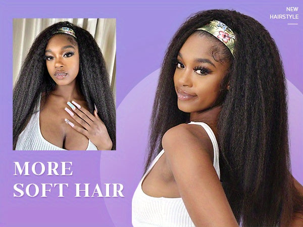 Kinky Straight Headband Wig For Women Yaki Straight Wigs With FREE Black Headband Kinky Afro Wigs For Women