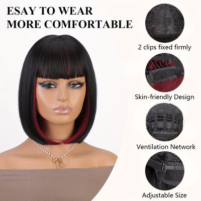Bob Wig With Bangs - 12 Inch Black Mix Burgundy Wine-Red Blunt Cut Bob Wigs For Women, Highlight Short Straight Synthetic Daily Use Wigs (Copy)