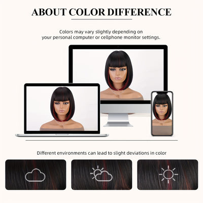 Bob Wig With Bangs - 12 Inch Black Mix Burgundy Wine-Red Blunt Cut Bob Wigs For Women, Highlight Short Straight Synthetic Daily Use Wigs (Copy)