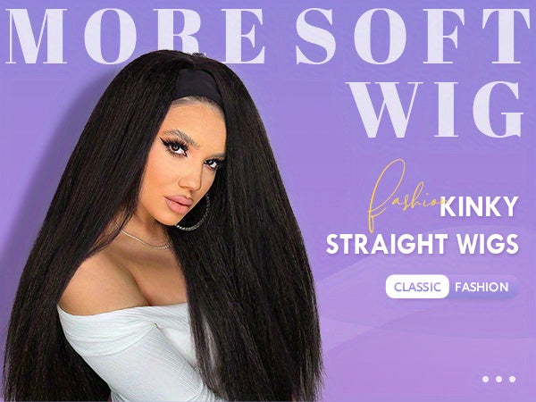 Kinky Straight Headband Wig For Women Yaki Straight Wigs With FREE Black Headband Kinky Afro Wigs For Women