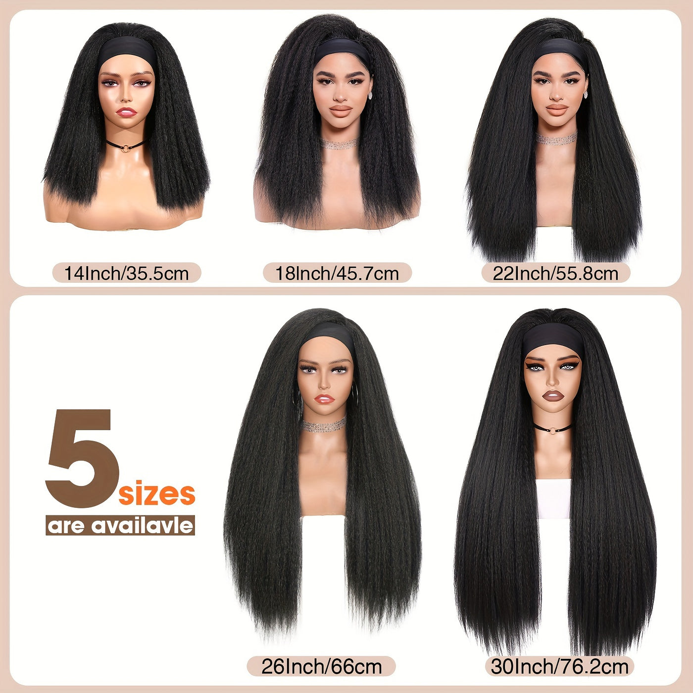 Kinky Straight Headband Wig For Women Yaki Straight Wigs With FREE Black Headband Kinky Afro Wigs For Women