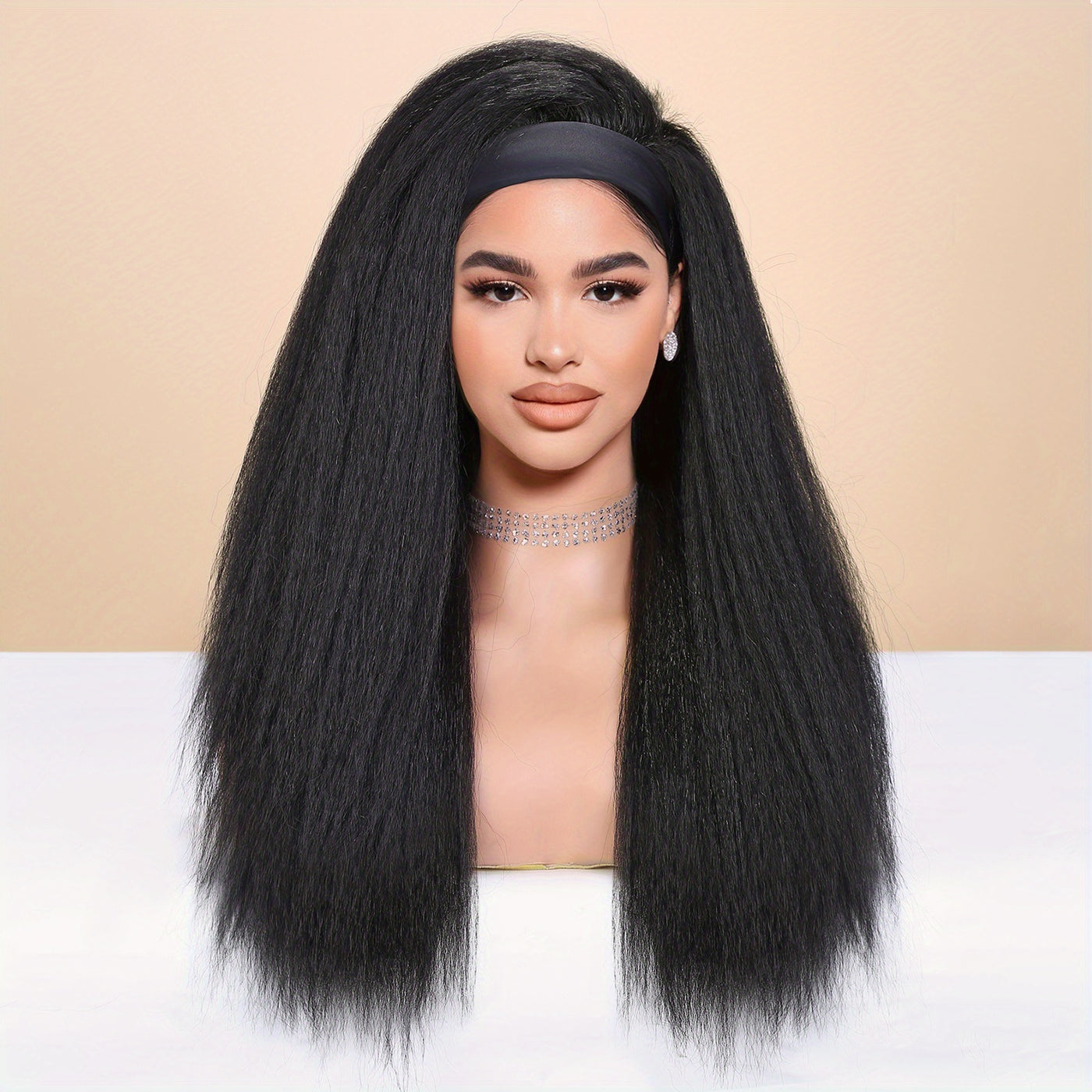 Kinky Straight Headband Wig For Women Yaki Straight Wigs With FREE Black Headband Kinky Afro Wigs For Women