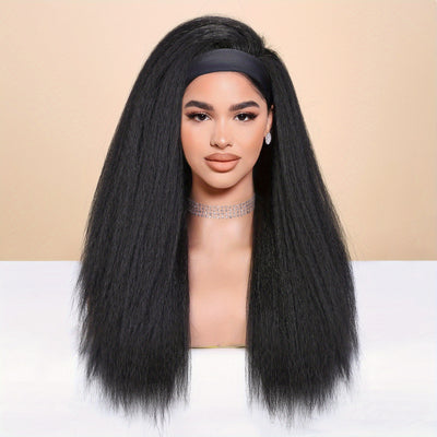 Kinky Straight Headband Wig For Women Yaki Straight Wigs With FREE Black Headband Kinky Afro Wigs For Women