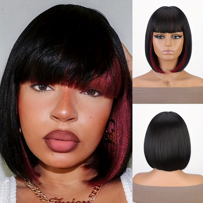 Bob Wig With Bangs - 12 Inch Black Mix Burgundy Wine-Red Blunt Cut Bob Wigs For Women, Highlight Short Straight Synthetic Daily Use Wigs (Copy)