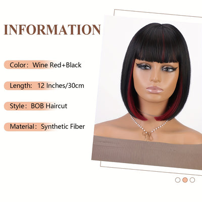 Bob Wig With Bangs - 12 Inch Black Mix Burgundy Wine-Red Blunt Cut Bob Wigs For Women, Highlight Short Straight Synthetic Daily Use Wigs (Copy)