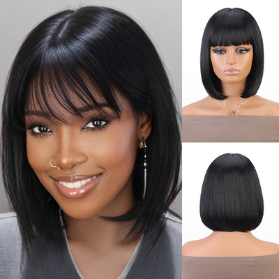 Bob Wig With Bangs - 12 Inch Black Mix Burgundy Wine-Red Blunt Cut Bob Wigs For Women, Highlight Short Straight Synthetic Daily Use Wigs (Copy)