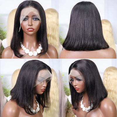16 Inch Short Straight Bob Wig Human 13x4 Lace Transparent 200% Frontal Hair Bob Wig PrePlucked Lace Front Human Hair Wigs