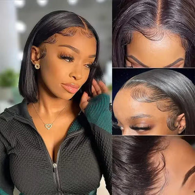 16 Inch Short Straight Bob Wig Human 13x4 Lace Transparent 200% Frontal Hair Bob Wig PrePlucked Lace Front Human Hair Wigs