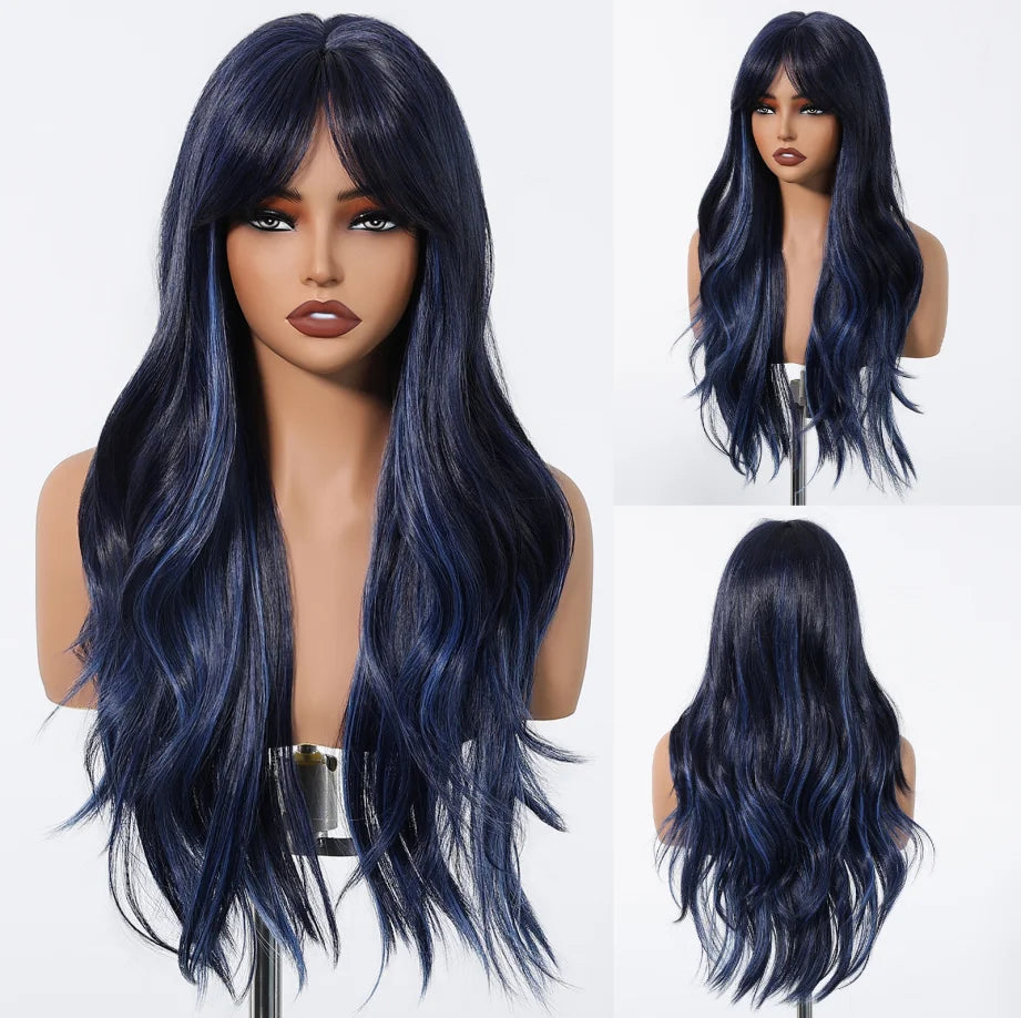 Brown Wavy Wigs for Women with Bangs Long Natural Synthetic Hair Wig Daily Cosplay Heat Resistant