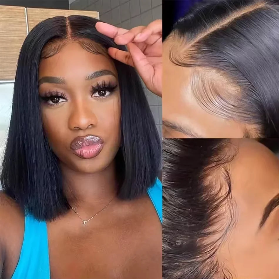 16 Inch Short Straight Bob Wig Human 13x4 Lace Transparent 200% Frontal Hair Bob Wig PrePlucked Lace Front Human Hair Wigs