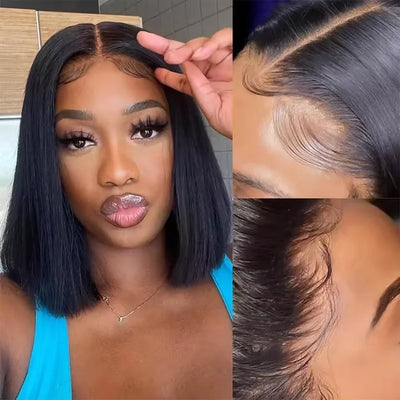16 Inch Short Straight Bob Wig Human 13x4 Lace Transparent 200% Frontal Hair Bob Wig PrePlucked Lace Front Human Hair Wigs