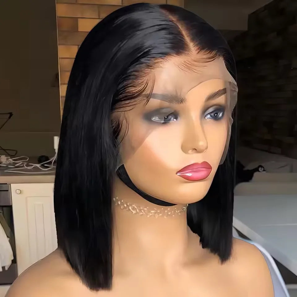 16 Inch Short Straight Bob Wig Human 13x4 Lace Transparent 200% Frontal Hair Bob Wig PrePlucked Lace Front Human Hair Wigs