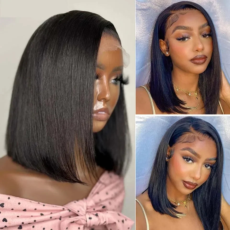 16 Inch Short Straight Bob Wig Human 13x4 Lace Transparent 200% Frontal Hair Bob Wig PrePlucked Lace Front Human Hair Wigs