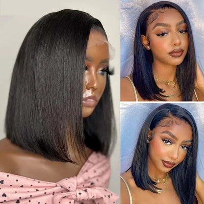 16 Inch Short Straight Bob Wig Human 13x4 Lace Transparent 200% Frontal Hair Bob Wig PrePlucked Lace Front Human Hair Wigs