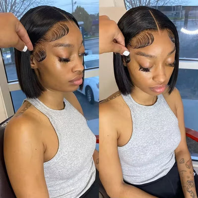16 Inch Short Straight Bob Wig Human 13x4 Lace Transparent 200% Frontal Hair Bob Wig PrePlucked Lace Front Human Hair Wigs