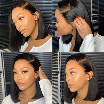 16 Inch Short Straight Bob Wig Human 13x4 Lace Transparent 200% Frontal Hair Bob Wig PrePlucked Lace Front Human Hair Wigs