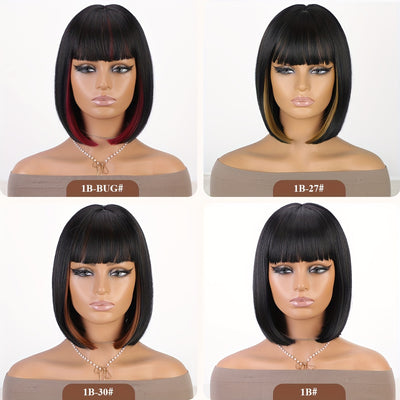 Bob Wig With Bangs - 12 Inch Black Mix Burgundy Wine-Red Blunt Cut Bob Wigs For Women, Highlight Short Straight Synthetic Daily Use Wigs (Copy)