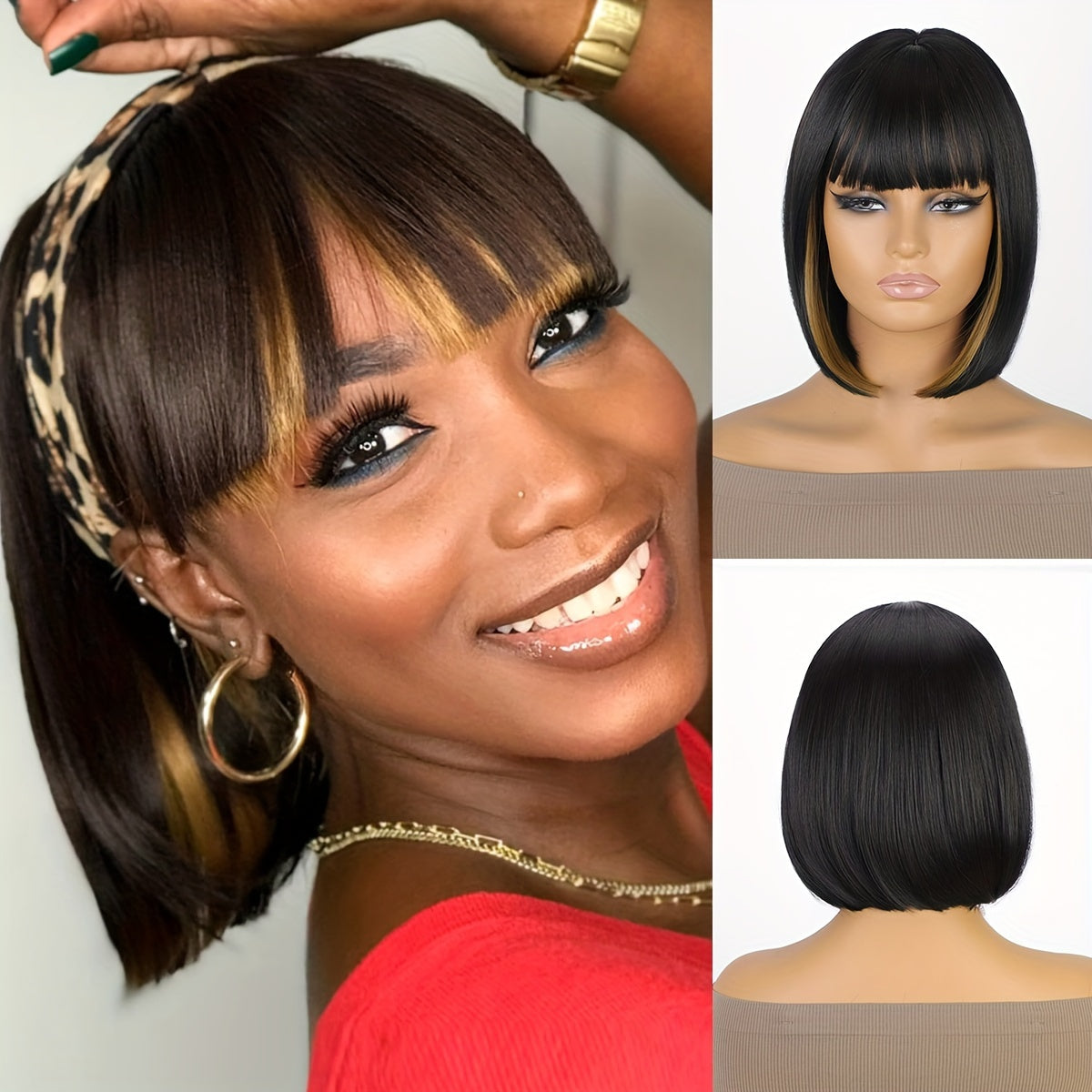 Bob Wig With Bangs - 12 Inch Black Mix Burgundy Wine-Red Blunt Cut Bob Wigs For Women, Highlight Short Straight Synthetic Daily Use Wigs (Copy)