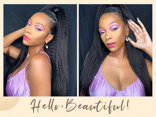 Kinky Straight Headband Wig For Women Yaki Straight Wigs With FREE Black Headband Kinky Afro Wigs For Women