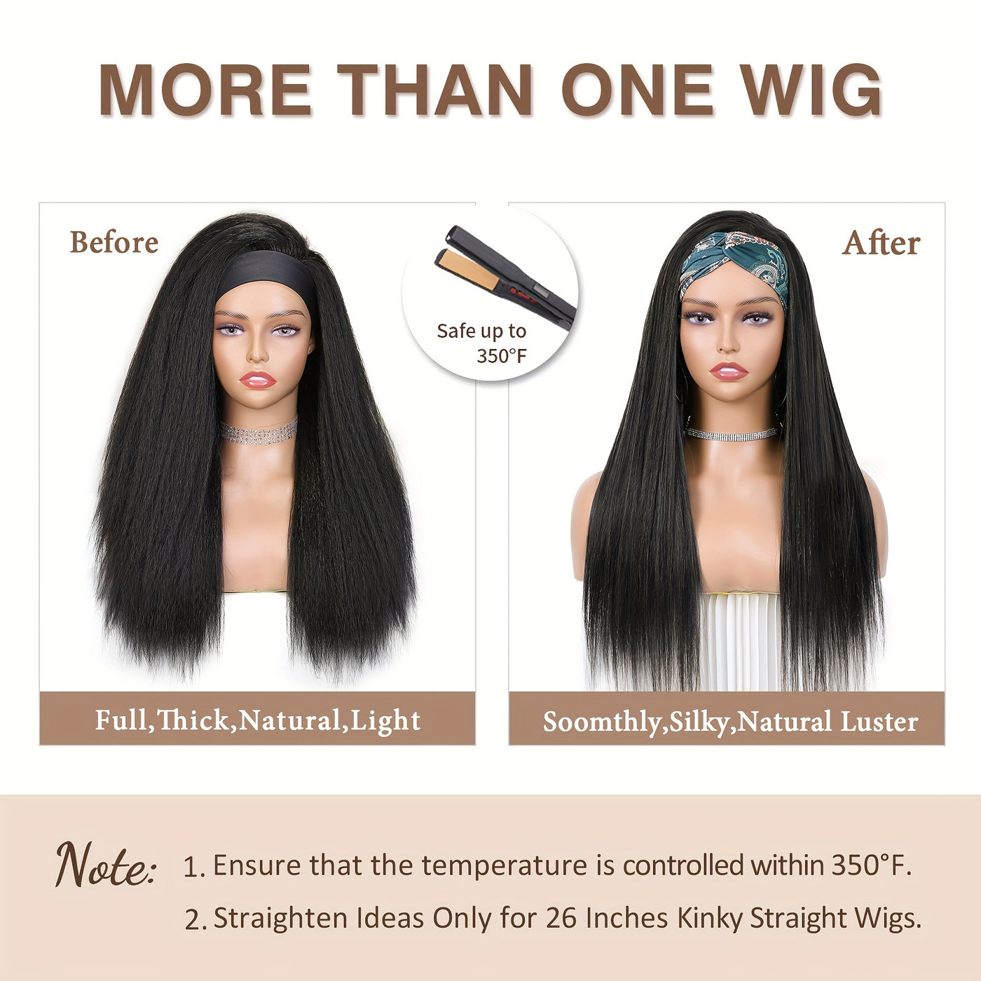 Kinky Straight Headband Wig For Women Yaki Straight Wigs With FREE Black Headband Kinky Afro Wigs For Women