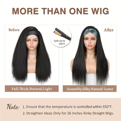 Kinky Straight Headband Wig For Women Yaki Straight Wigs With FREE Black Headband Kinky Afro Wigs For Women