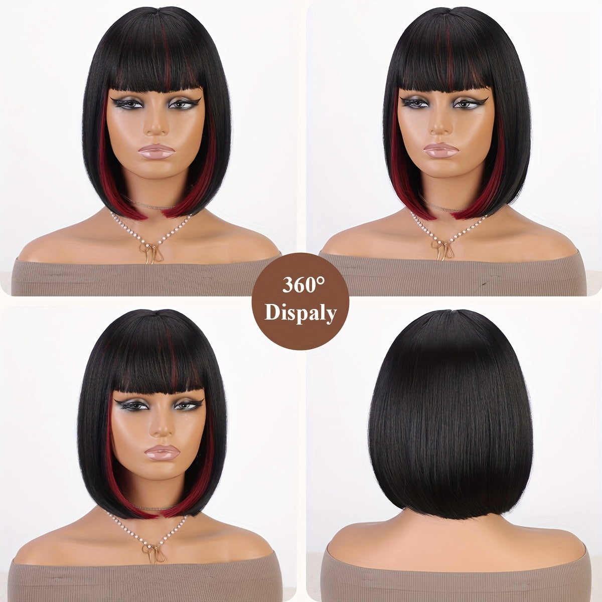 Bob Wig With Bangs - 12 Inch Black Mix Burgundy Wine-Red Blunt Cut Bob Wigs For Women, Highlight Short Straight Synthetic Daily Use Wigs (Copy)