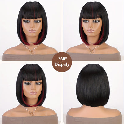 Bob Wig With Bangs - 12 Inch Black Mix Burgundy Wine-Red Blunt Cut Bob Wigs For Women, Highlight Short Straight Synthetic Daily Use Wigs (Copy)